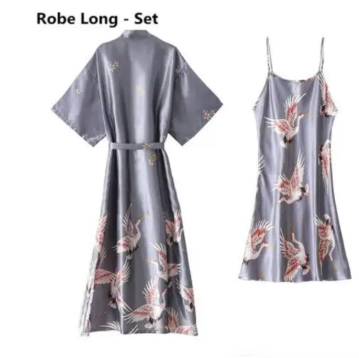 Women Nightgown Ice Silk Chinese Style Crane Print Half Sleeve Kimono Bathrobe Bride Bridesmaid Wedding Long Robe Non-suit