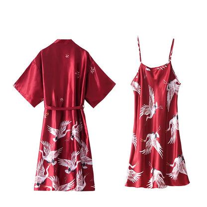 Women Nightgown Ice Silk Chinese Style Crane Print Half Sleeve Kimono Bathrobe Bride Bridesmaid Wedding Long Robe Non-suit