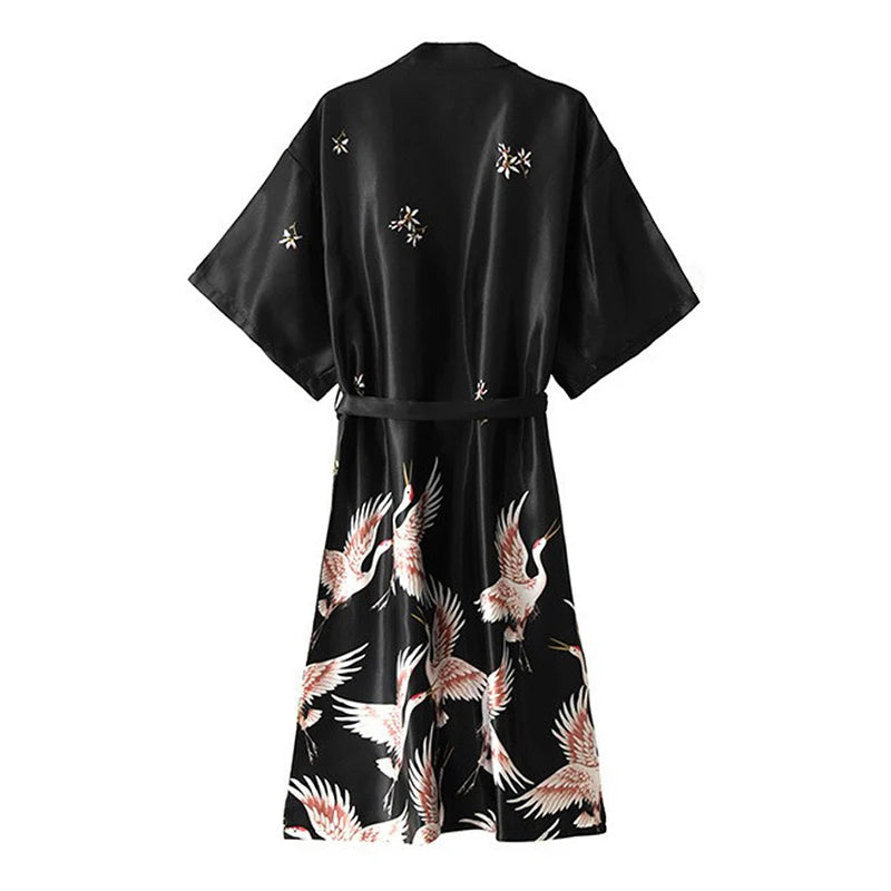 Women Nightgown Ice Silk Chinese Style Crane Print Half Sleeve Kimono Bathrobe Bride Bridesmaid Wedding Long Robe Non-suit