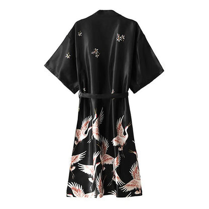 Women Nightgown Ice Silk Chinese Style Crane Print Half Sleeve Kimono Bathrobe Bride Bridesmaid Wedding Long Robe Non-suit