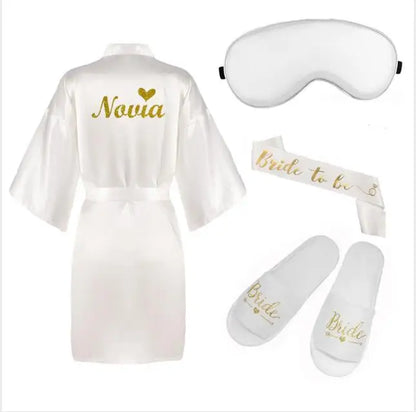 4pc set of bride robe eyemask slippers sash bridesmaid kimono wedding bridal party Bachelorette bathrobe getting ready robes
