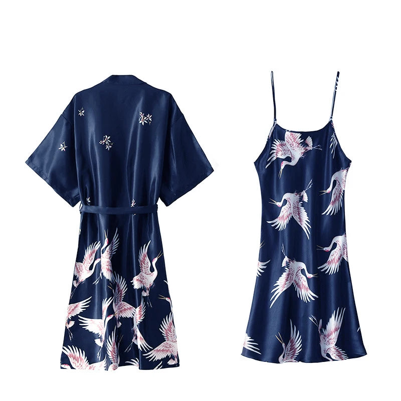 Women Nightgown Ice Silk Chinese Style Crane Print Half Sleeve Kimono Bathrobe Bride Bridesmaid Wedding Long Robe Non-suit