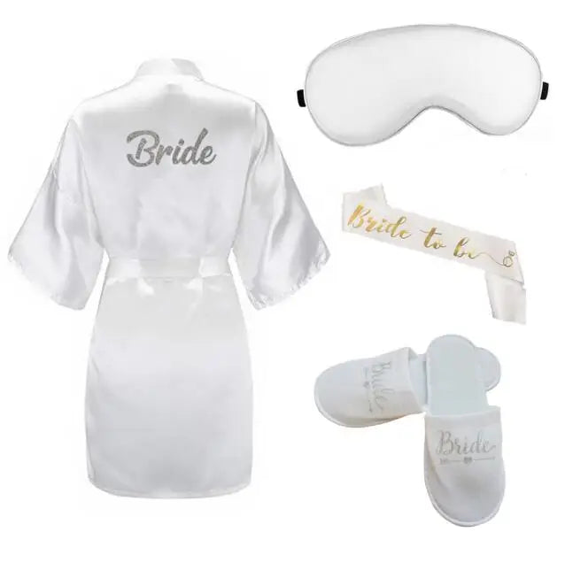4pc set of bride robe eyemask slippers sash bridesmaid kimono wedding bridal party Bachelorette bathrobe getting ready robes