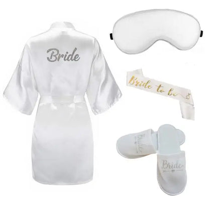 4pc set of bride robe eyemask slippers sash bridesmaid kimono wedding bridal party Bachelorette bathrobe getting ready robes