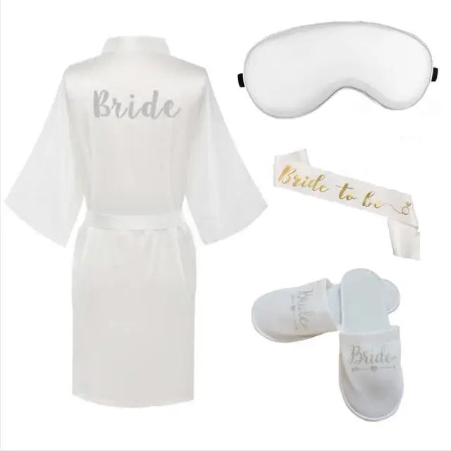 4pc set of bride robe eyemask slippers sash bridesmaid kimono wedding bridal party Bachelorette bathrobe getting ready robes