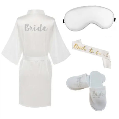 4pc set of bride robe eyemask slippers sash bridesmaid kimono wedding bridal party Bachelorette bathrobe getting ready robes