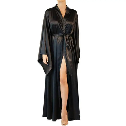 2019 New Solid Robes Women Black Red Long Sleeve Nightgown Ladies Girls Silk Satin Smooth Spring Lace Sleepwear Female Bathrobe