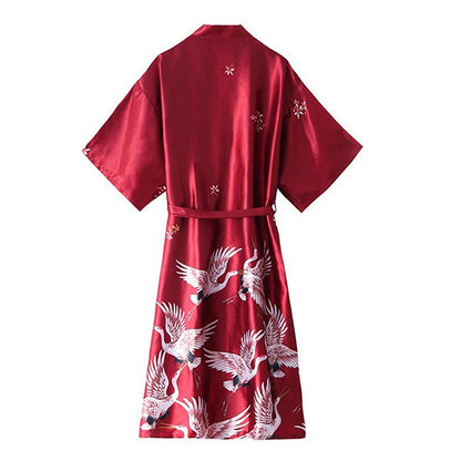 Women Nightgown Ice Silk Chinese Style Crane Print Half Sleeve Kimono Bathrobe Bride Bridesmaid Wedding Long Robe Non-suit
