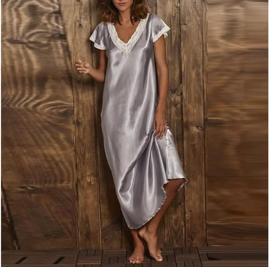Fashion Midi Sleepwear Women's Lace Homewear Sets 2020 Summer Casual V-Neck Underwear Female Solid Spliced Nightgowns Oversized