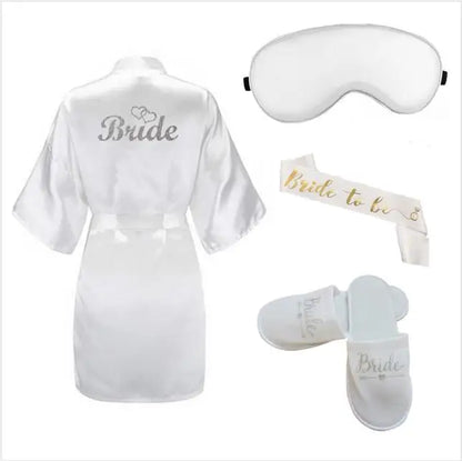4pc set of bride robe eyemask slippers sash bridesmaid kimono wedding bridal party Bachelorette bathrobe getting ready robes