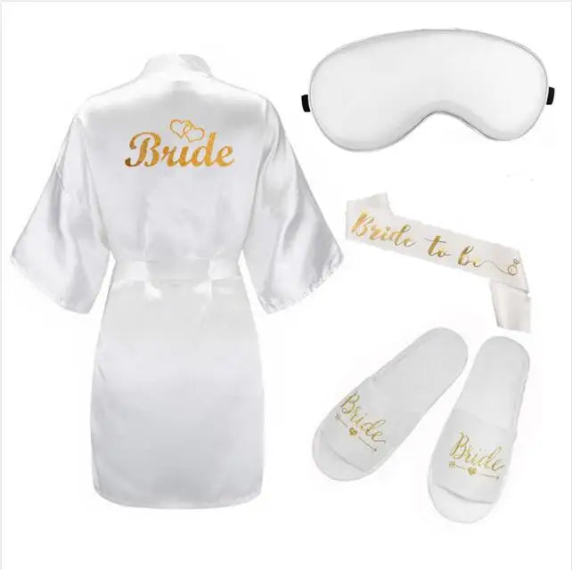 4pc set of bride robe eyemask slippers sash bridesmaid kimono wedding bridal party Bachelorette bathrobe getting ready robes