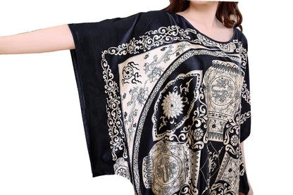 High Quality Chinese Women Silk Home Dress Robe Summer Lounge Nightshirt Short Sleeve Sleepwear Nightgown Plus Size 6XL A-073