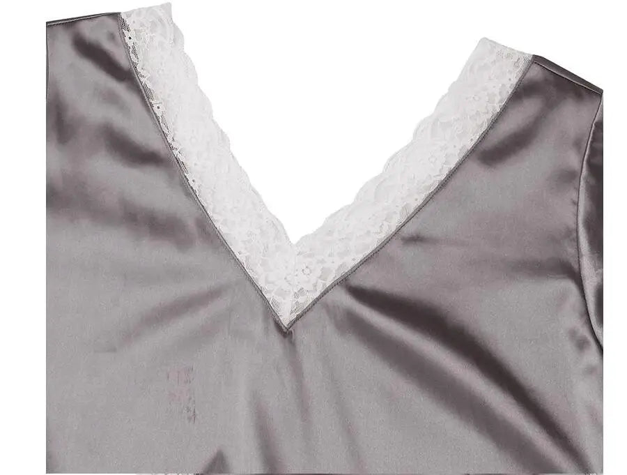 Fashion Midi Sleepwear Women's Lace Homewear Sets 2020 Summer Casual V-Neck Underwear Female Solid Spliced Nightgowns Oversized