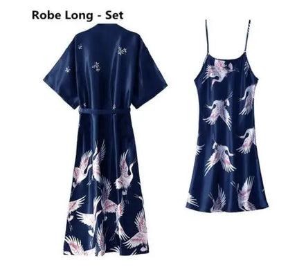 Women Nightgown Ice Silk Chinese Style Crane Print Half Sleeve Kimono Bathrobe Bride Bridesmaid Wedding Long Robe Non-suit