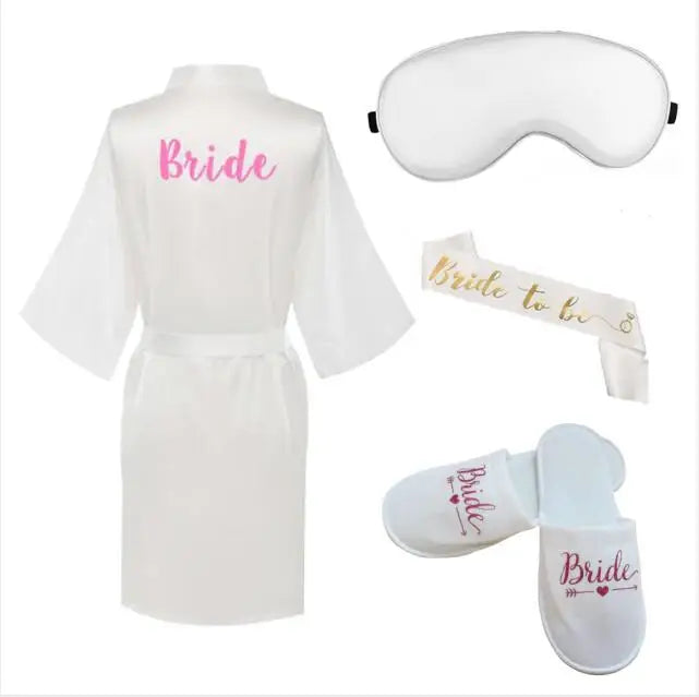4pc set of bride robe eyemask slippers sash bridesmaid kimono wedding bridal party Bachelorette bathrobe getting ready robes