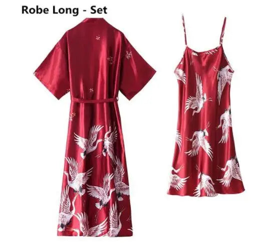 Women Nightgown Ice Silk Chinese Style Crane Print Half Sleeve Kimono Bathrobe Bride Bridesmaid Wedding Long Robe Non-suit