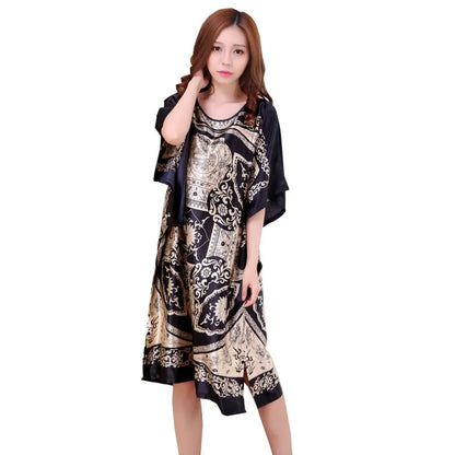 High Quality Chinese Women Silk Home Dress Robe Summer Lounge Nightshirt Short Sleeve Sleepwear Nightgown Plus Size 6XL A-073