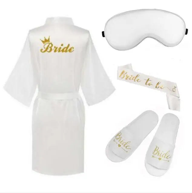 4pc set of bride robe eyemask slippers sash bridesmaid kimono wedding bridal party Bachelorette bathrobe getting ready robes