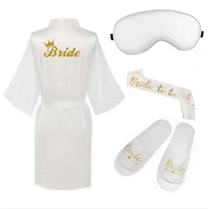 4pc set of bride robe eyemask slippers sash bridesmaid kimono wedding bridal party Bachelorette bathrobe getting ready robes
