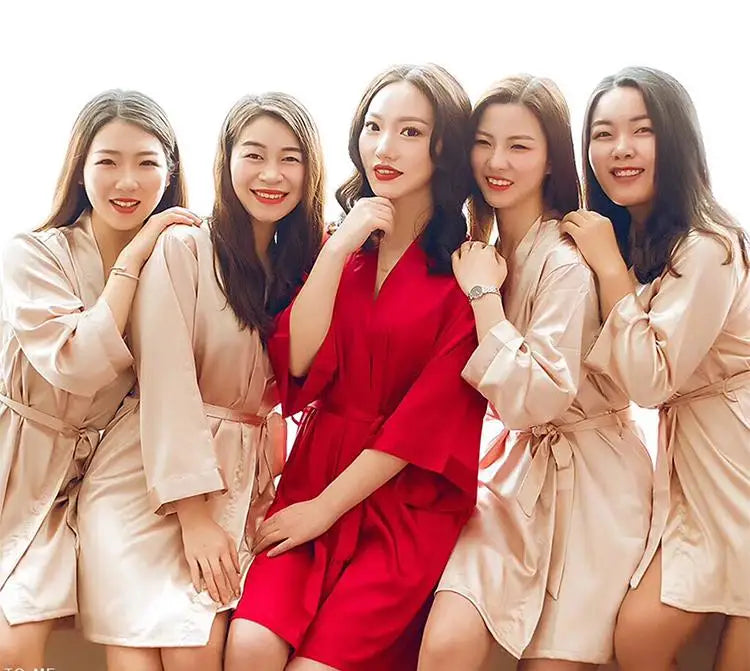 Summer Champagne Chinese Bride Wedding Robe Satin Sleepwear Women Nightgown Sexy Nightdress Lady Kimono Bathrobe Gown Negligee