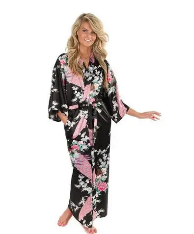 2015 Silk Bathrobe Women Satin Kimono Robes For Women Floral Robes Bridesmaids Long Kimono Robe Bride Silk Robe Dressing Gown