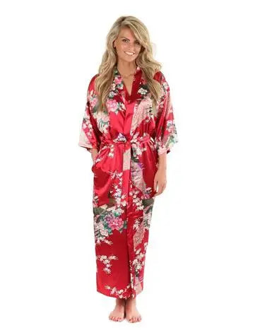 2015 Silk Bathrobe Women Satin Kimono Robes For Women Floral Robes Bridesmaids Long Kimono Robe Bride Silk Robe Dressing Gown