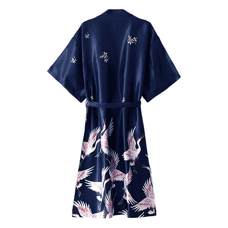 Women Nightgown Ice Silk Chinese Style Crane Print Half Sleeve Kimono Bathrobe Bride Bridesmaid Wedding Long Robe Non-suit