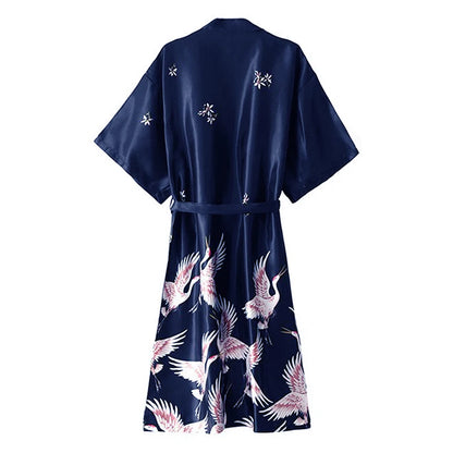 Women Nightgown Ice Silk Chinese Style Crane Print Half Sleeve Kimono Bathrobe Bride Bridesmaid Wedding Long Robe Non-suit