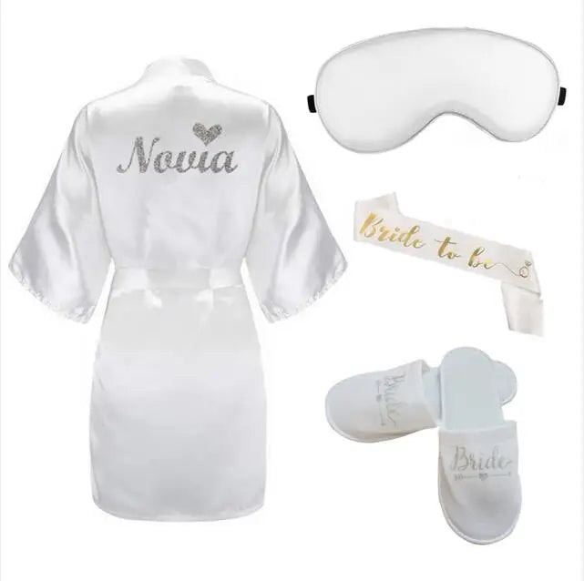 4pc set of bride robe eyemask slippers sash bridesmaid kimono wedding bridal party Bachelorette bathrobe getting ready robes