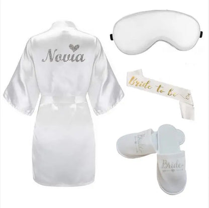 4pc set of bride robe eyemask slippers sash bridesmaid kimono wedding bridal party Bachelorette bathrobe getting ready robes