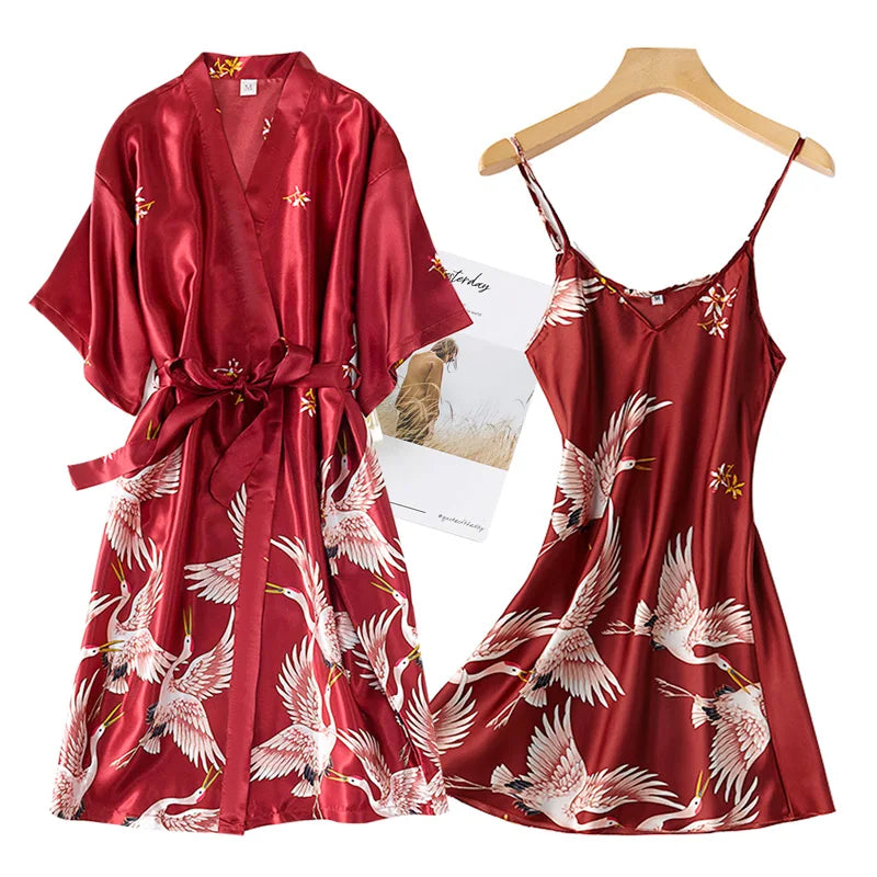 Women Nightgown Ice Silk Chinese Style Crane Print Half Sleeve Kimono Bathrobe Bride Bridesmaid Wedding Long Robe Non-suit