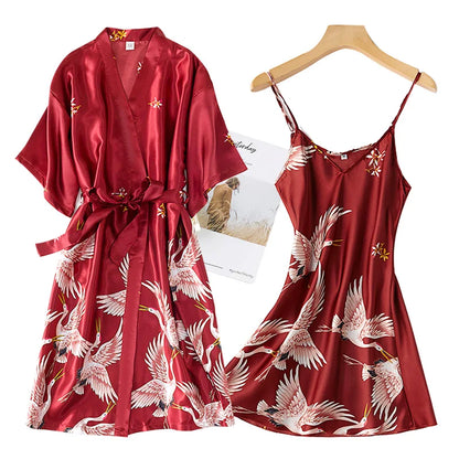 Women Nightgown Ice Silk Chinese Style Crane Print Half Sleeve Kimono Bathrobe Bride Bridesmaid Wedding Long Robe Non-suit