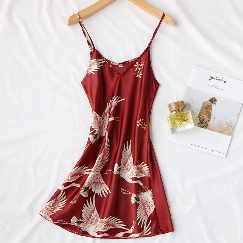 Women Nightgown Ice Silk Chinese Style Crane Print Half Sleeve Kimono Bathrobe Bride Bridesmaid Wedding Long Robe Non-suit