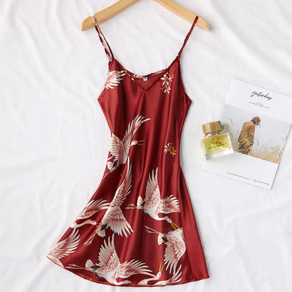 Women Nightgown Ice Silk Chinese Style Crane Print Half Sleeve Kimono Bathrobe Bride Bridesmaid Wedding Long Robe Non-suit