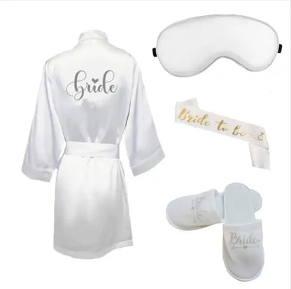 4pc set of bride robe eyemask slippers sash bridesmaid kimono wedding bridal party Bachelorette bathrobe getting ready robes