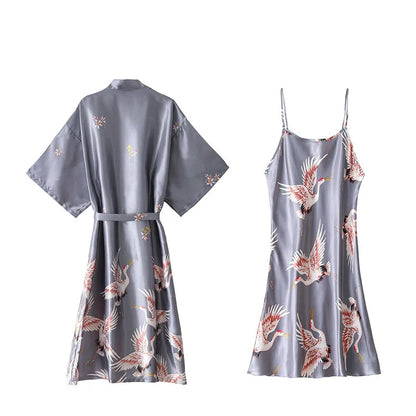 Women Nightgown Ice Silk Chinese Style Crane Print Half Sleeve Kimono Bathrobe Bride Bridesmaid Wedding Long Robe Non-suit
