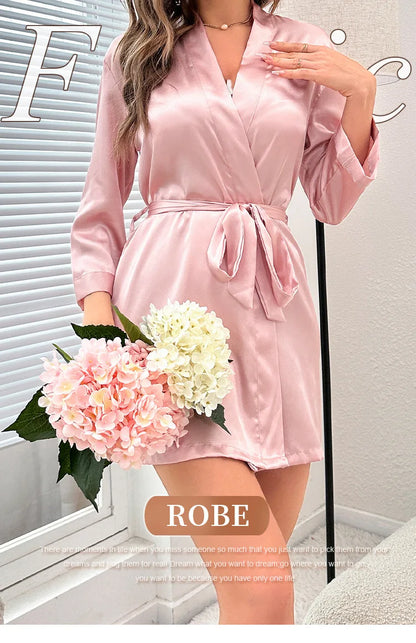 Pajamas women summer European and American ladies lace-up bathrobe sexy morning gown home dress can wear ice silk robe