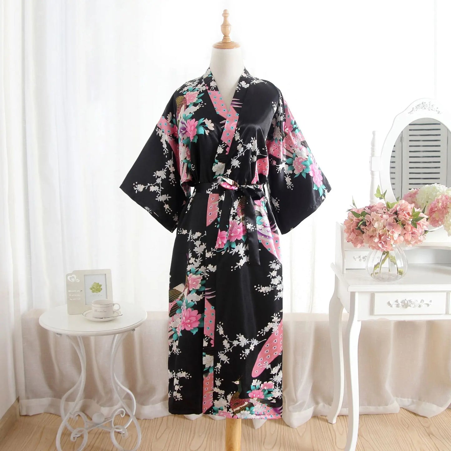 Hot Sale Blue Female Silk Rayon Robes Gown Kimono Yukata Chinese Women Sexy Lingerie Sleepwear Plus Size S M L XL XXL XXXL A-046