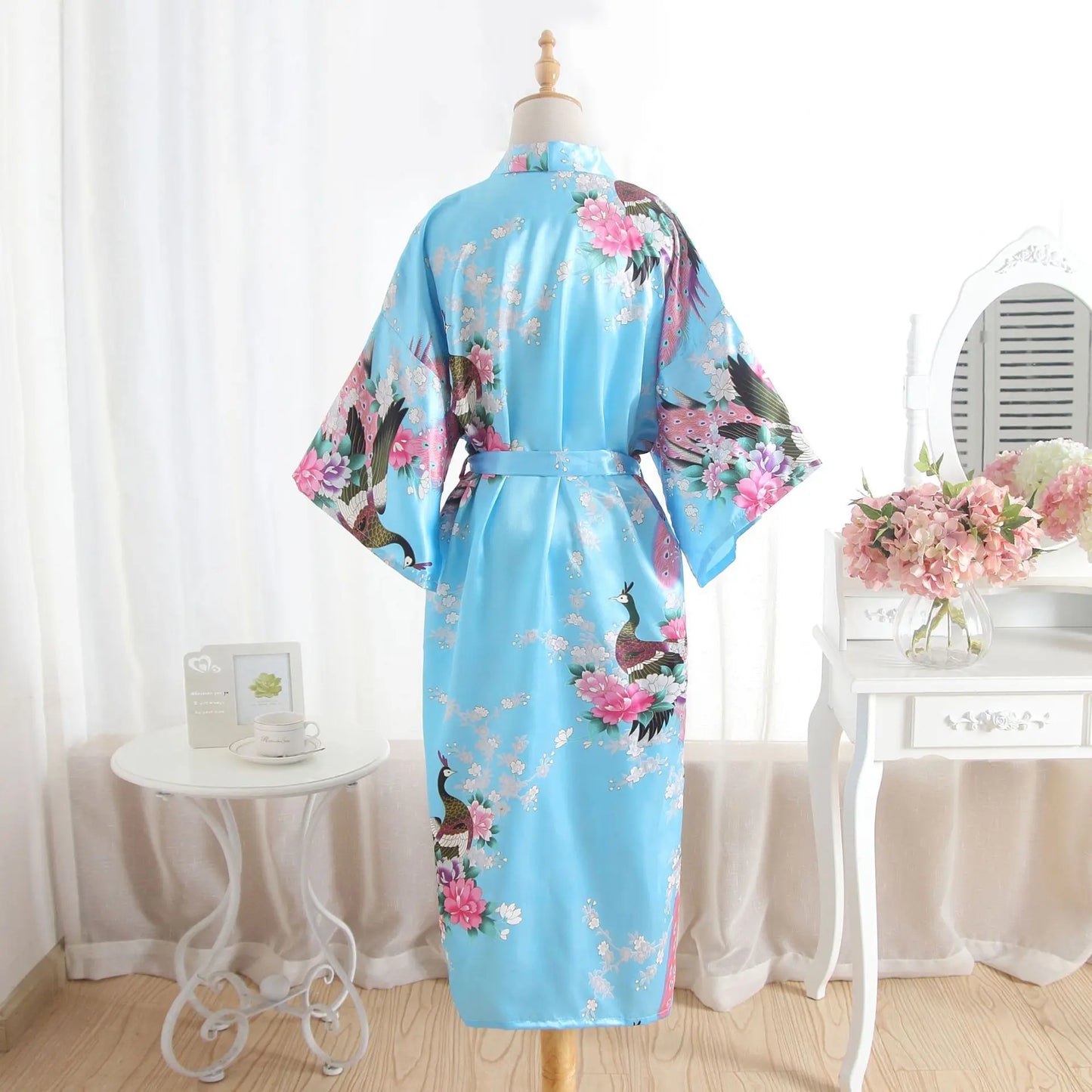 Hot Sale Blue Female Silk Rayon Robes Gown Kimono Yukata Chinese Women Sexy Lingerie Sleepwear Plus Size S M L XL XXL XXXL A-046