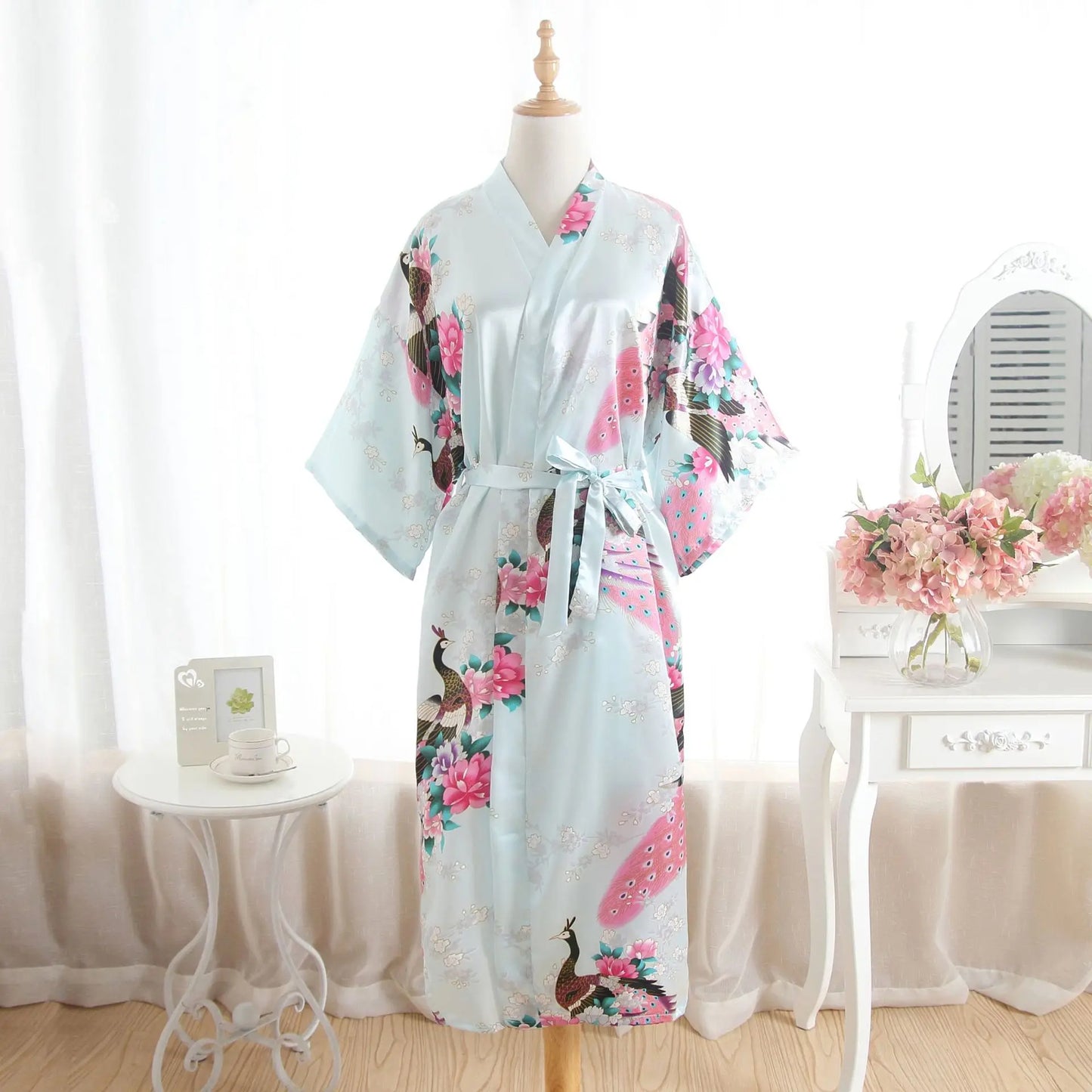 Hot Sale Blue Female Silk Rayon Robes Gown Kimono Yukata Chinese Women Sexy Lingerie Sleepwear Plus Size S M L XL XXL XXXL A-046