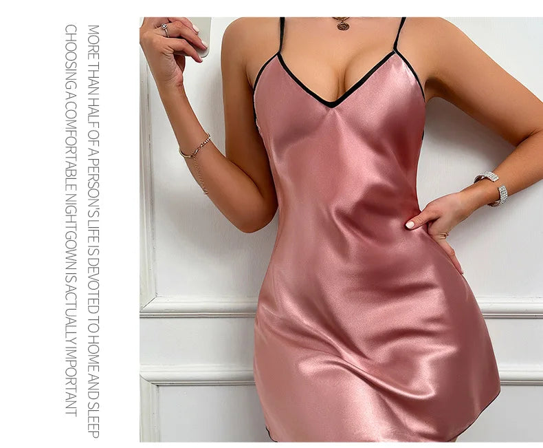 Sexy Female Lingerie Nightgown Patchwork Lace Backless Spaghetti Strap Nightdress Sleepwear Silky Satin Lounge Wear Home Dress