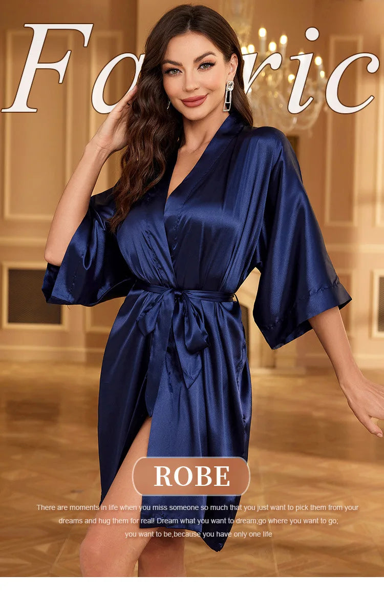 Pajamas women summer European and American ladies lace-up bathrobe sexy morning gown home dress can wear ice silk robe