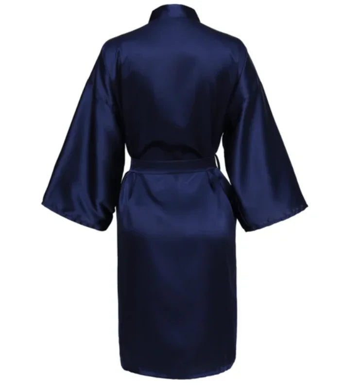 Solid Satin Night Robe, Elegant Half Sleeve V Neck House Robe With Belt, Women's Sleepwear