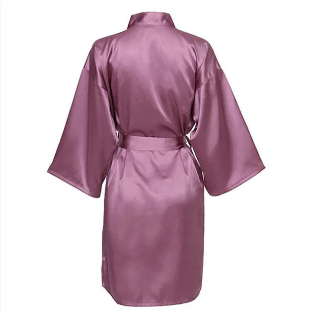 Solid Satin Night Robe, Elegant Half Sleeve V Neck House Robe With Belt, Women's Sleepwear