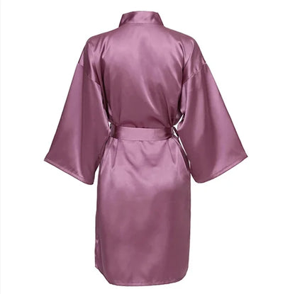 Solid Satin Night Robe, Elegant Half Sleeve V Neck House Robe With Belt, Women's Sleepwear