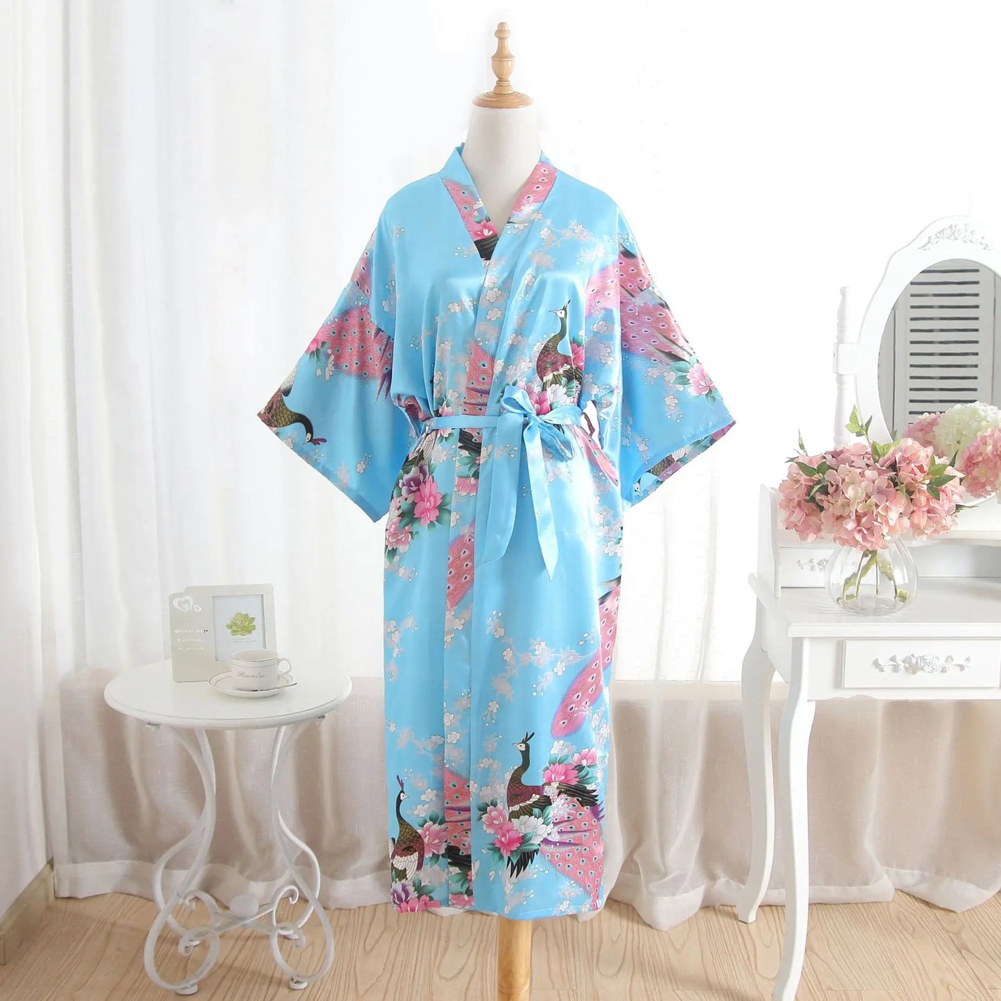 Hot Sale Blue Female Silk Rayon Robes Gown Kimono Yukata Chinese Women Sexy Lingerie Sleepwear Plus Size S M L XL XXL XXXL A-046