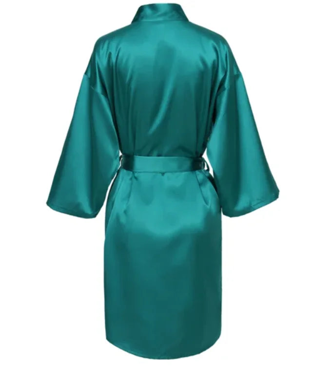 Solid Satin Night Robe, Elegant Half Sleeve V Neck House Robe With Belt, Women's Sleepwear