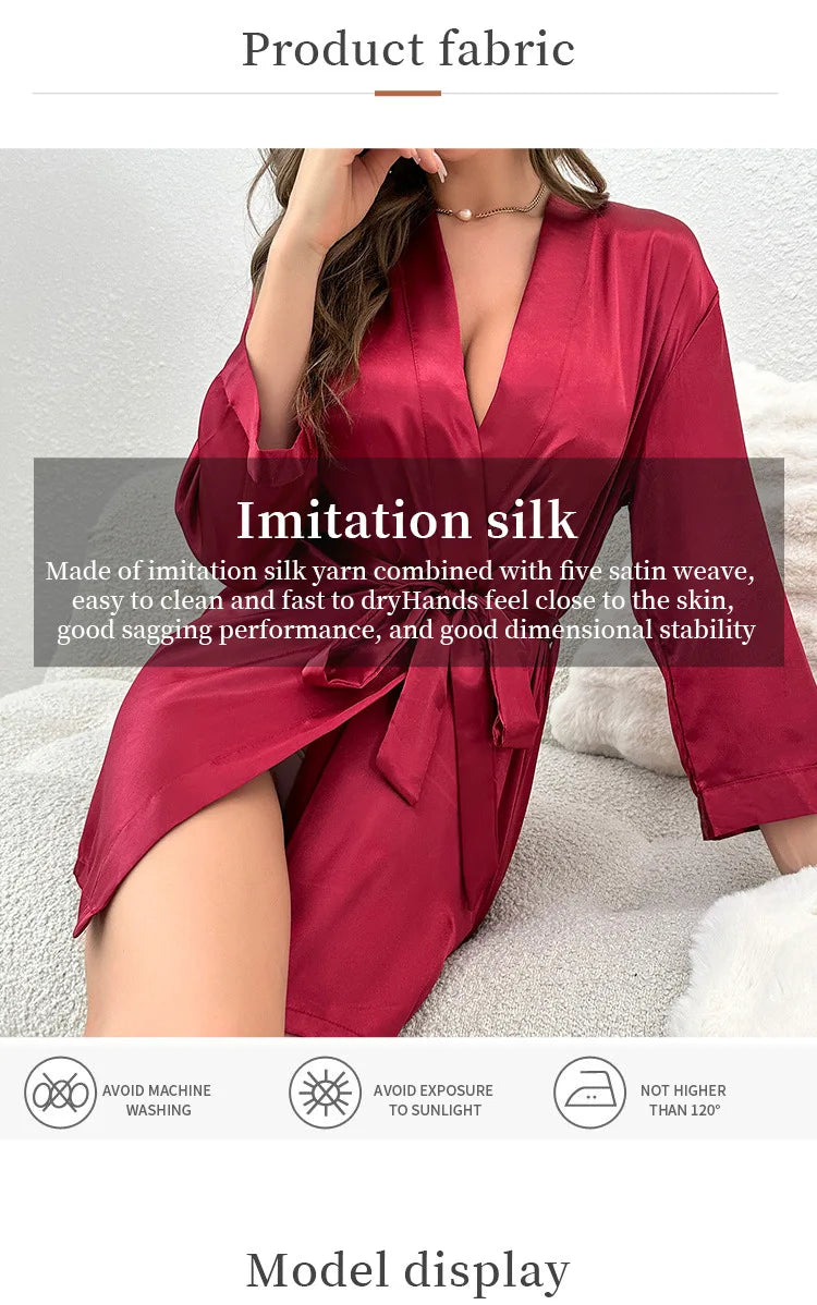 Pajamas women summer European and American ladies lace-up bathrobe sexy morning gown home dress can wear ice silk robe
