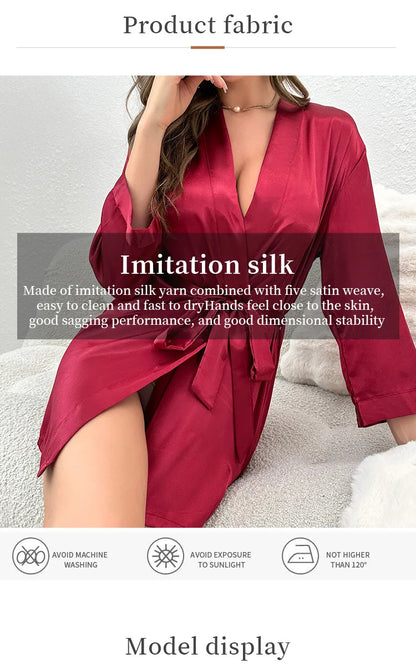Pajamas women summer European and American ladies lace-up bathrobe sexy morning gown home dress can wear ice silk robe