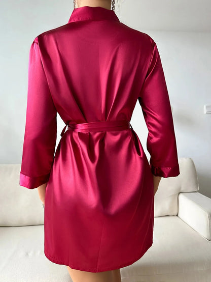 Pajamas women summer European and American ladies lace-up bathrobe sexy morning gown home dress can wear ice silk robe